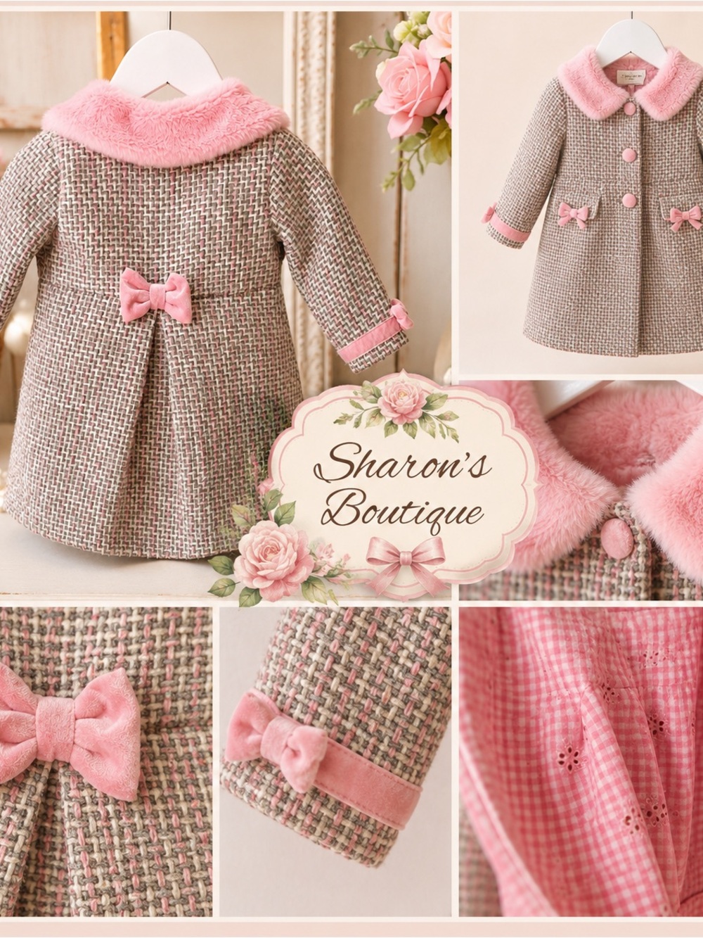 Blueberi Boulevard Pink Tweed Faux Fur Coat Girls 18M Bow Dress Coat Holiday EUC